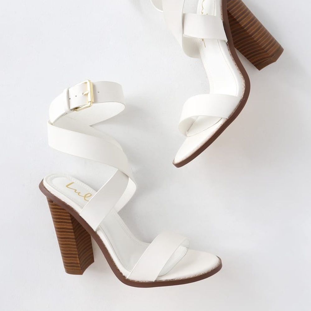 White Vegan Leather Ankle Strap Heels